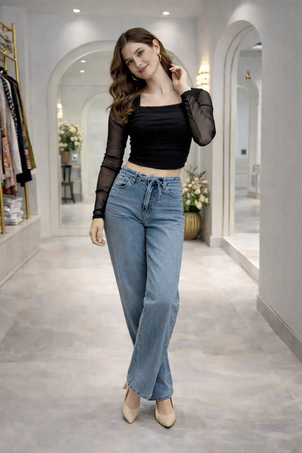 Square Neck Mesh Sleeve Top