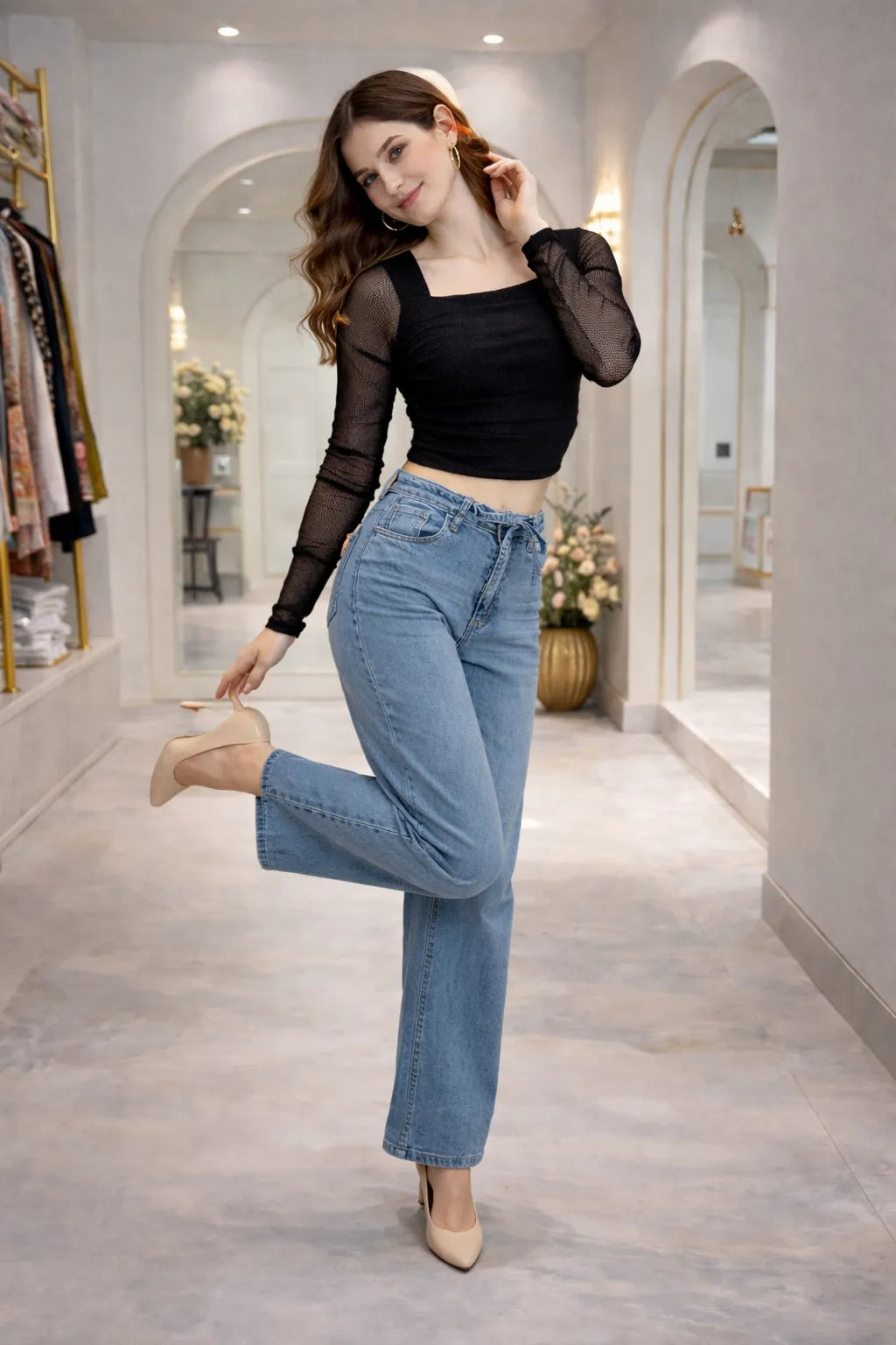 Square Neck Mesh Sleeve Top