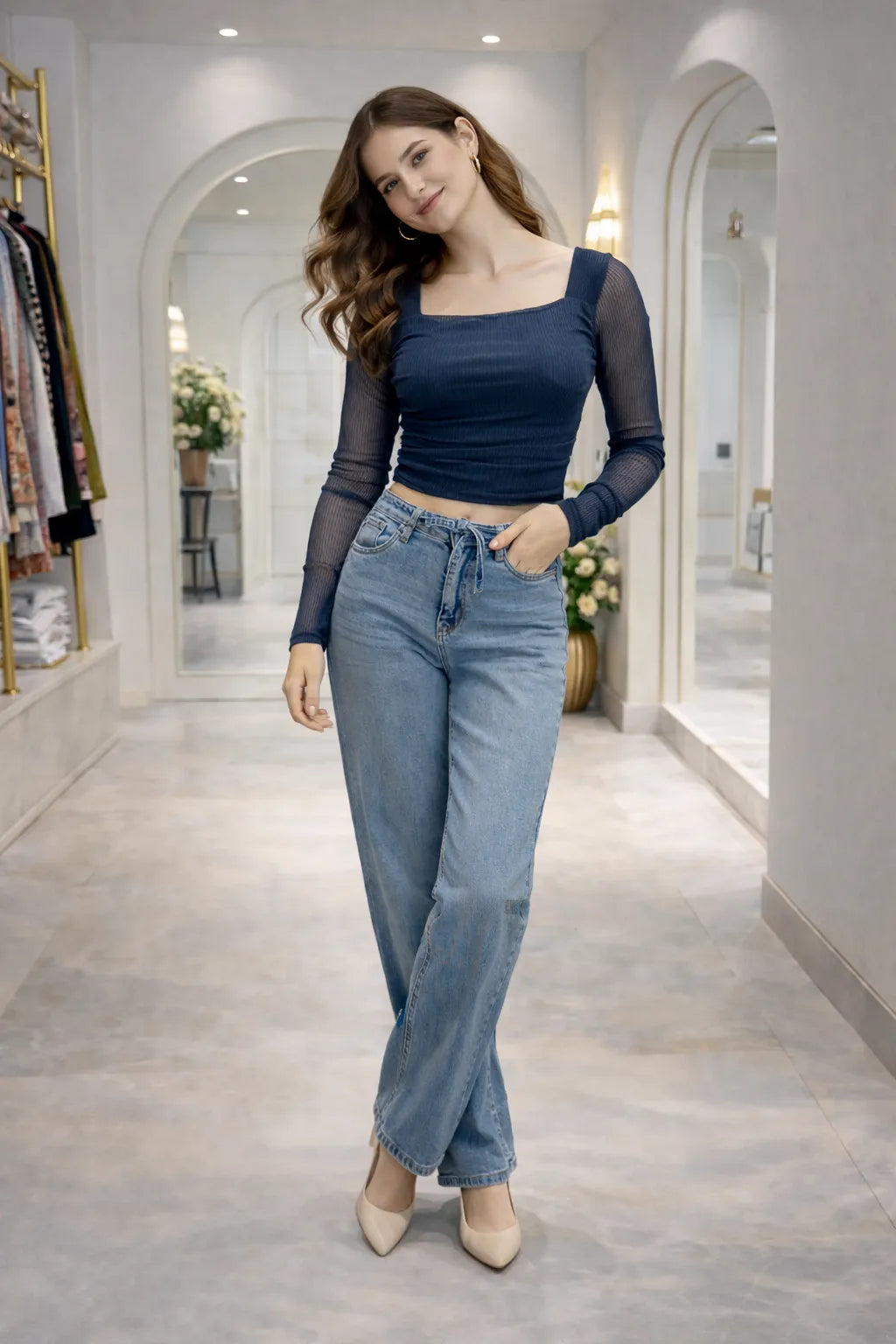 Square Neck Mesh Sleeve Top