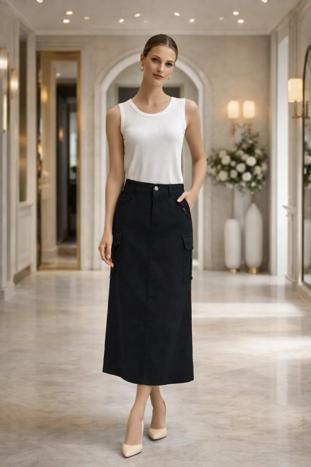 Structured-Utility-Midi Skirt
