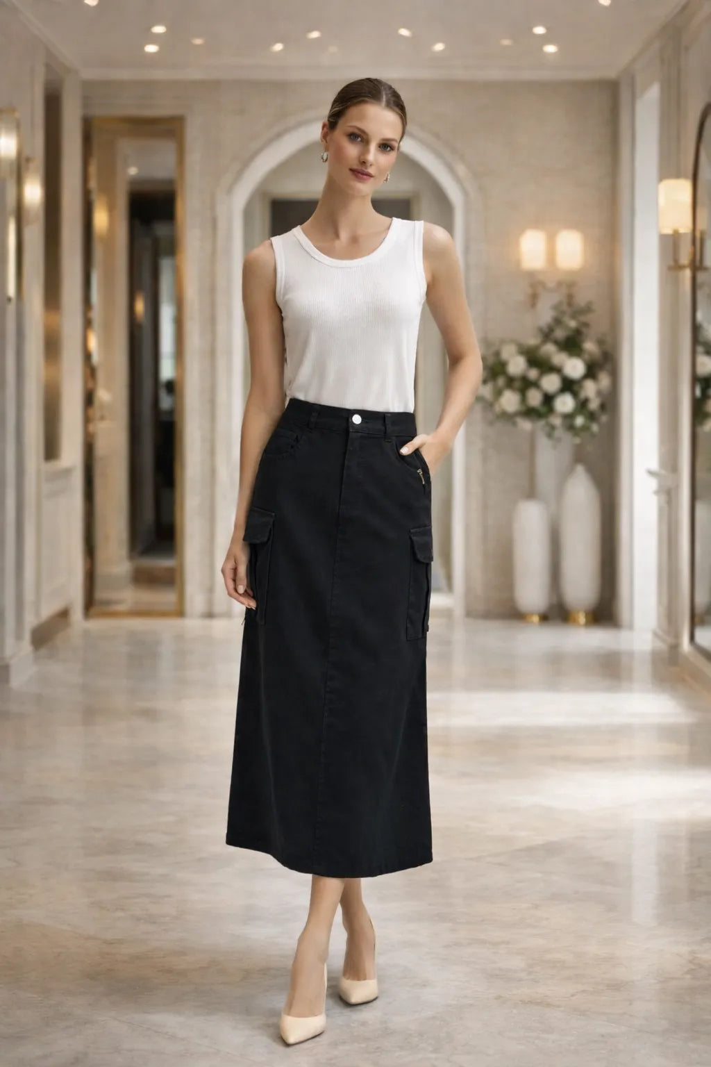 Structured-Utility-Midi Skirt