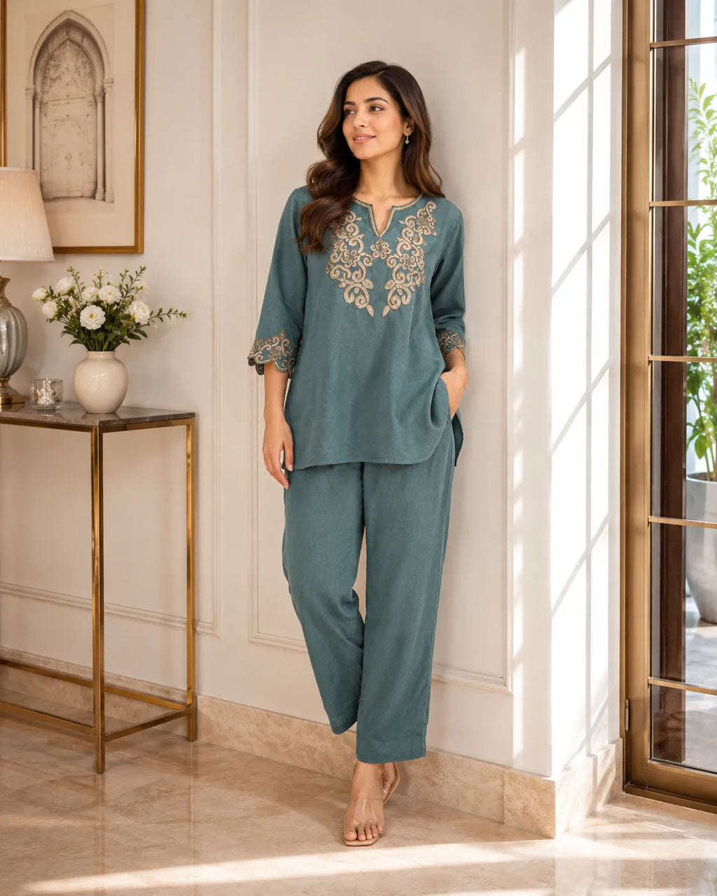 Teal Elegance Embroidered Co-ord Set