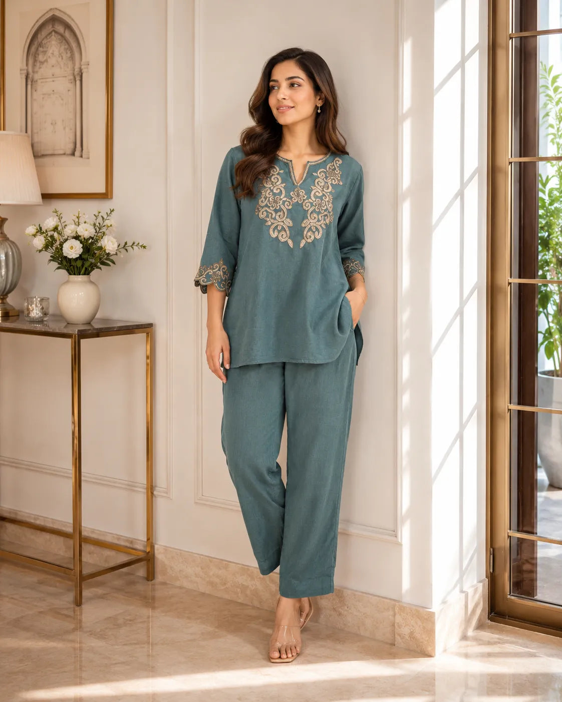 Teal Elegance Embroidered Co-ord Set
