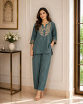 Teal Elegance Embroidered Co-ord Set