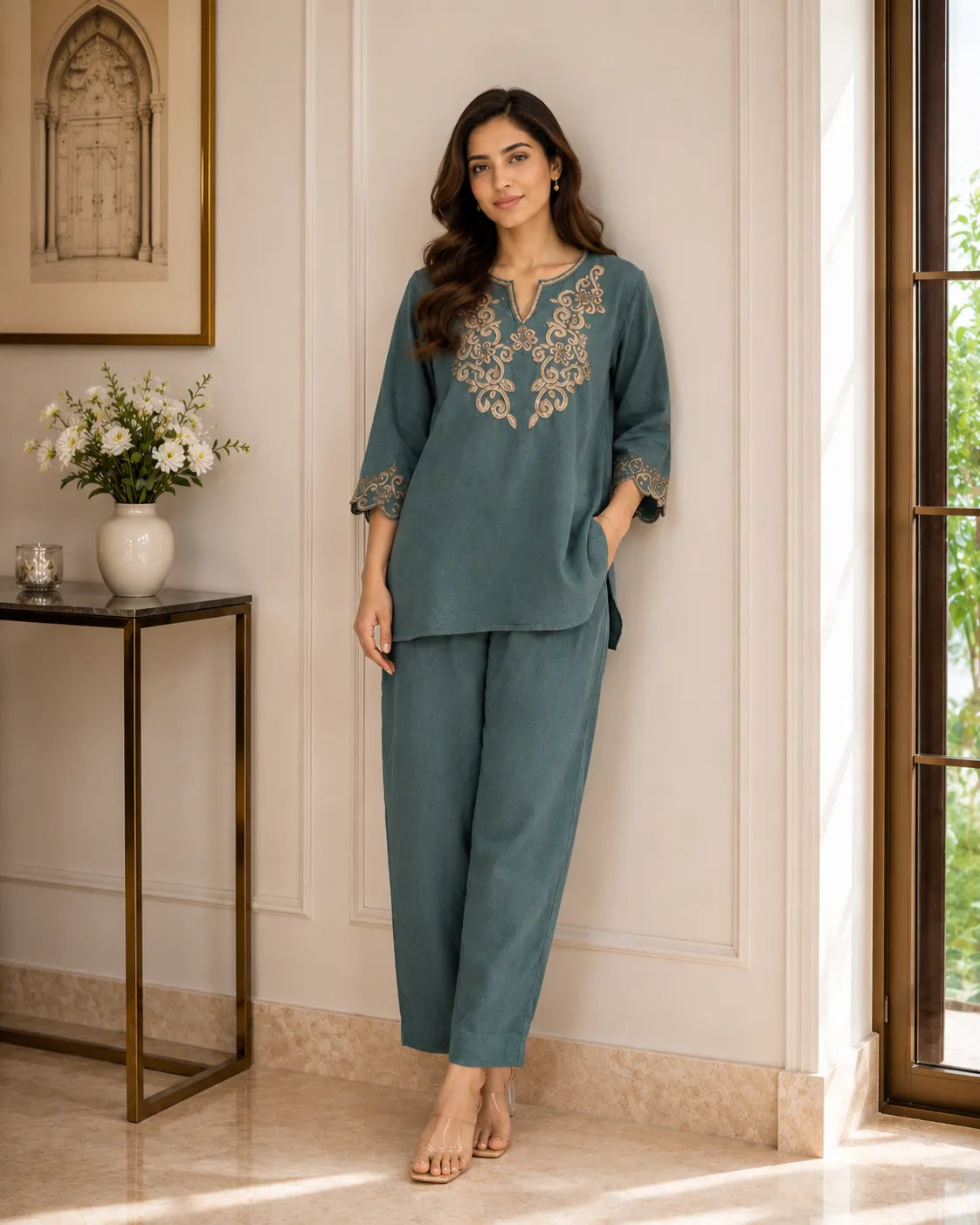 Teal Elegance Embroidered Co-ord Set