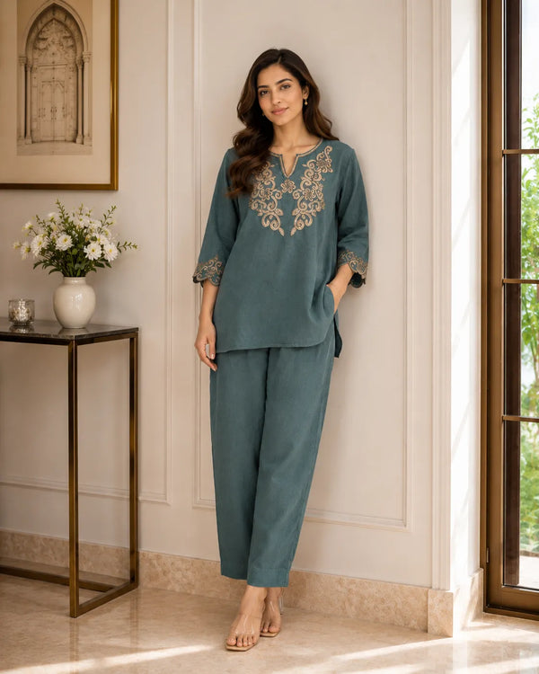 Teal Elegance Embroidered Co-ord Set