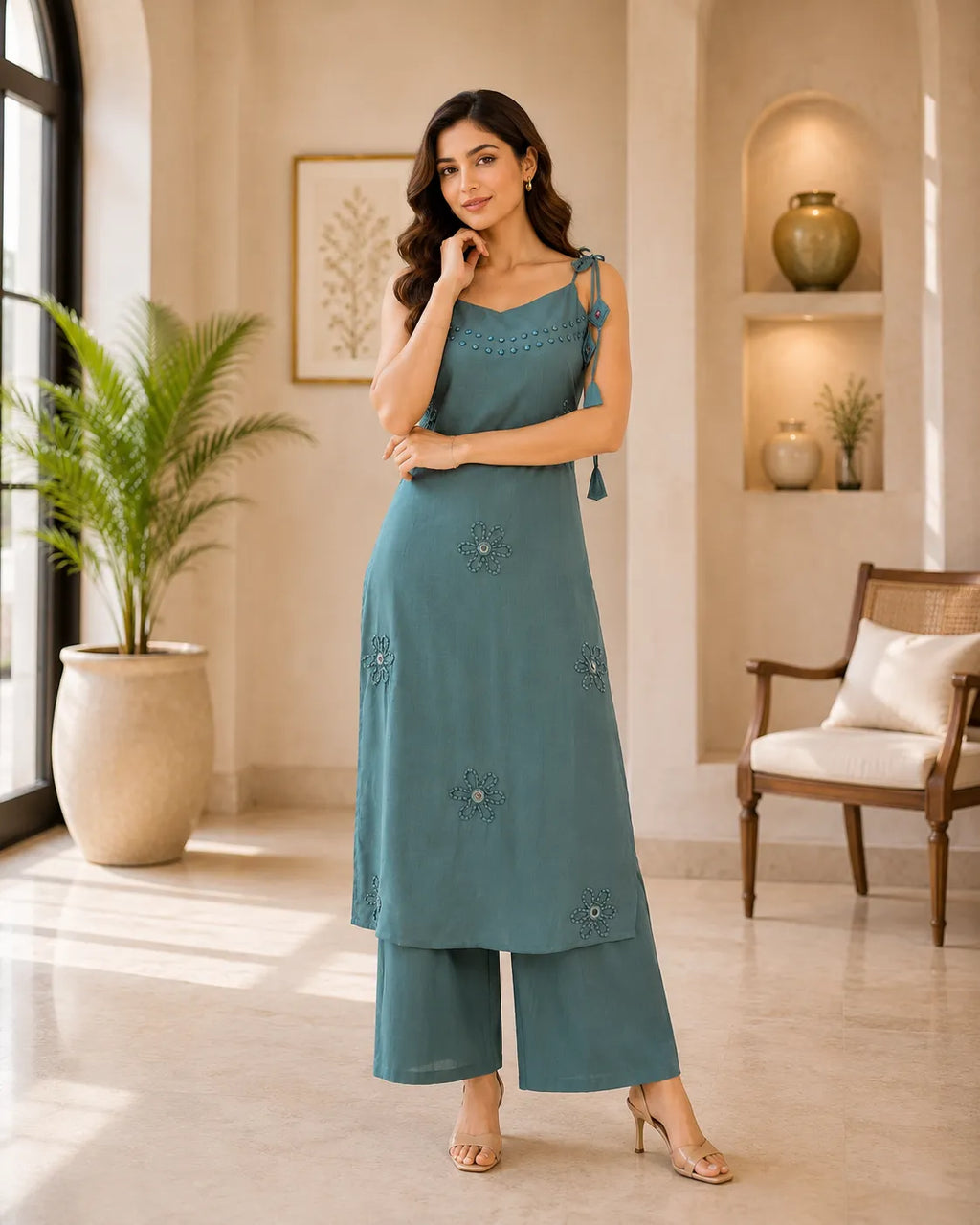 Teal Floral Embellished Co-Ord Set