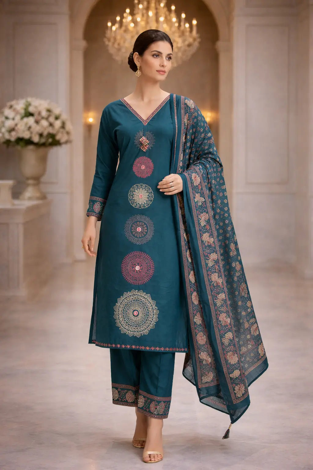 Teal Mandala Cotton Suit Set
