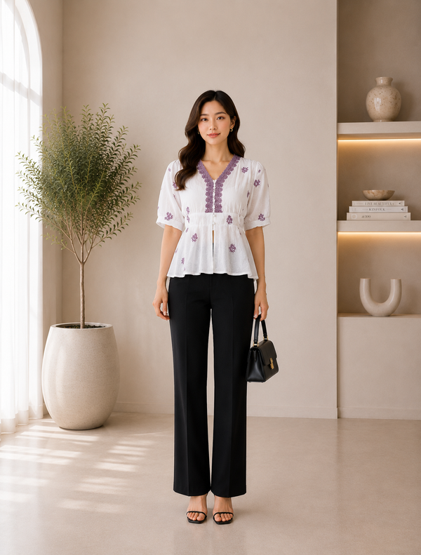 White & Lilac Embroidered-Peplum Top