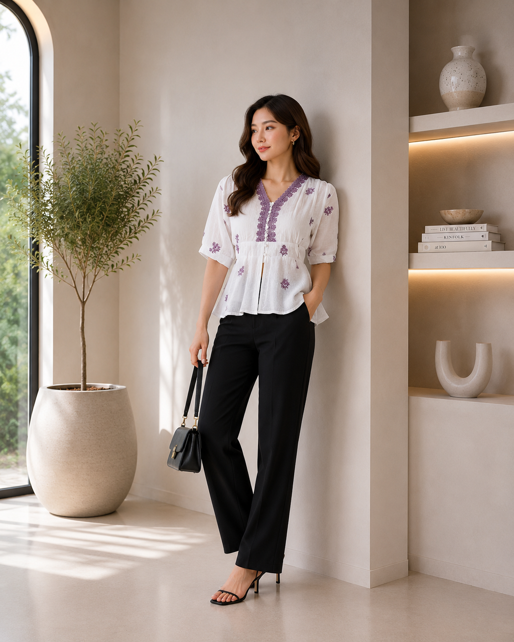 White & Lilac Embroidered-Peplum Top