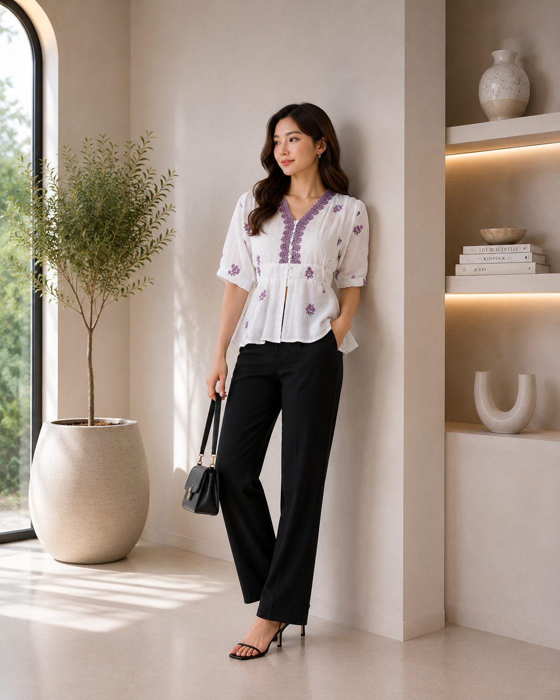 White & Lilac Embroidered-Peplum Top