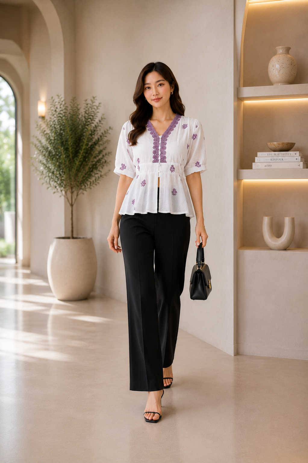 White & Lilac Embroidered-Peplum Top