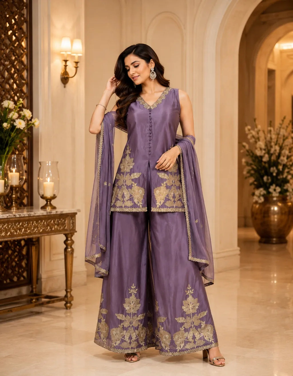 Zari Embroidered Short Kurti Palazzo Set With Dupatta
