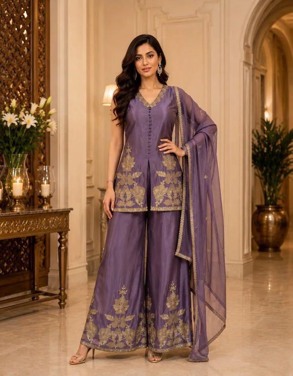 Zari Embroidered Short Kurti Palazzo Set With Dupatta