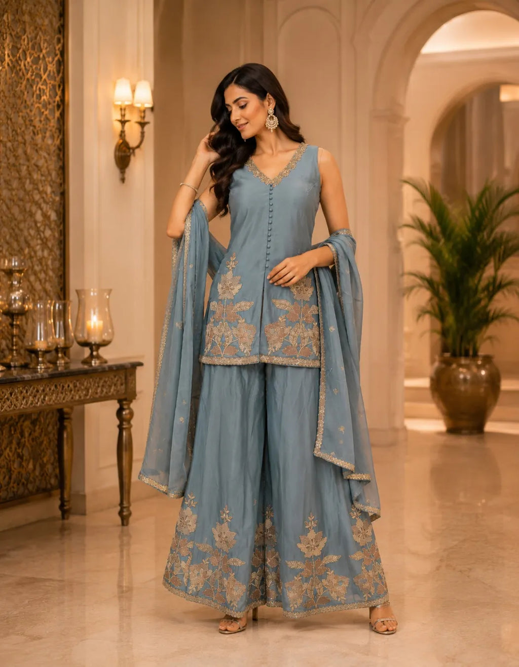 Zari Embroidered Short Kurti Palazzo Set With Dupatta