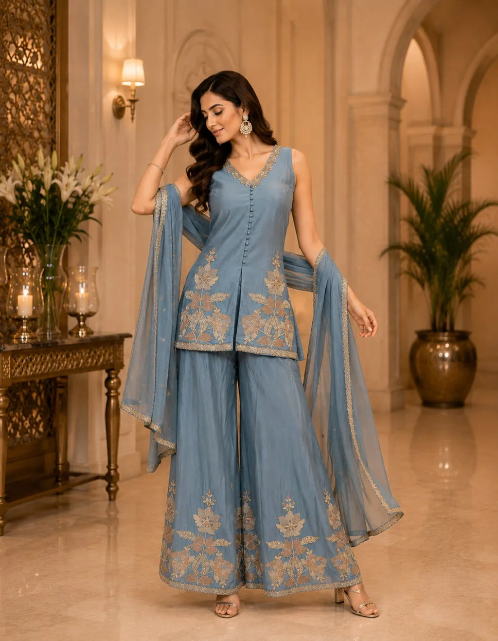 Zari Embroidered Short Kurti Palazzo Set With Dupatta