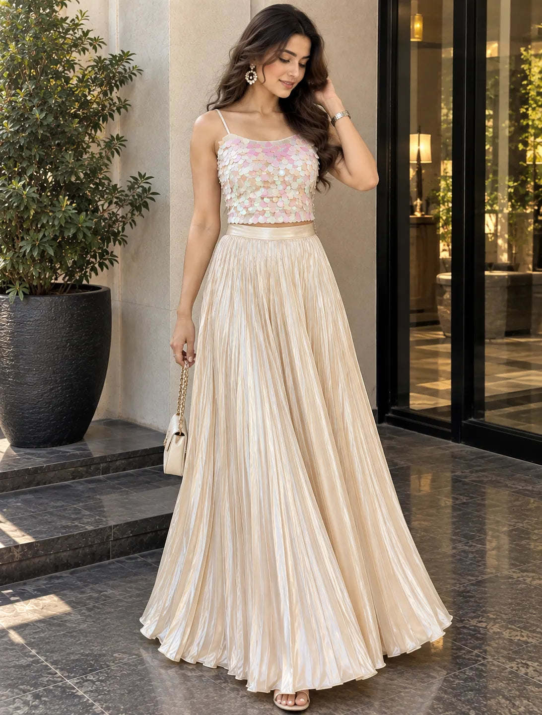 Zyvella Opalescent Disc Sequin Crop Top Top
